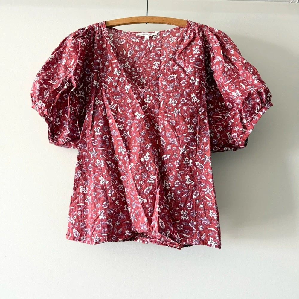 Madewell V-Neck Puff Sleeve‎ Top Batik Vine Weathered Brick Size XS